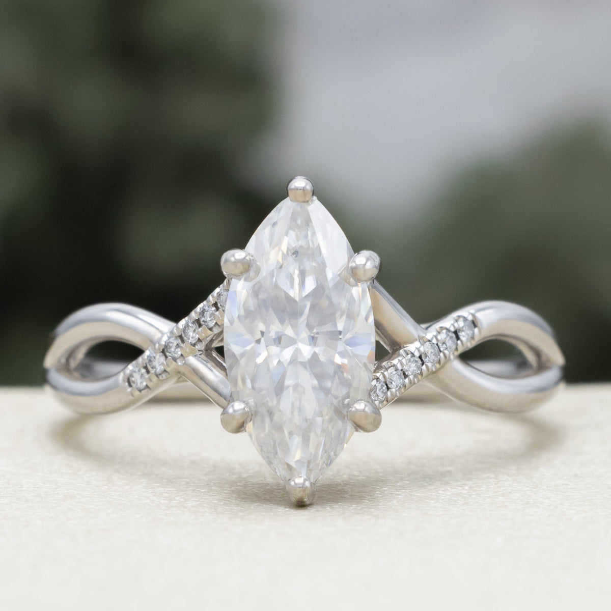 "Roslyn" - Marquise Cut Moissanite Engagement Ring With Diamond Accents
