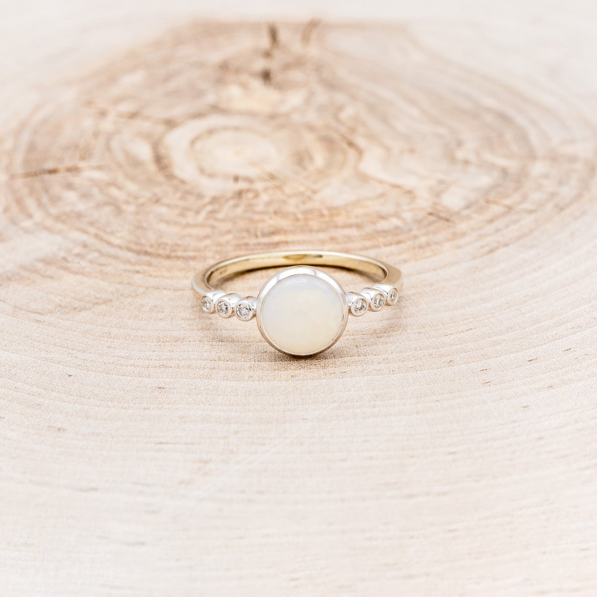"Alouette" - Round Cabochon Cut Opal Engagement Ring With Diamond Accents - 14K White Gold - Size 6 1/4