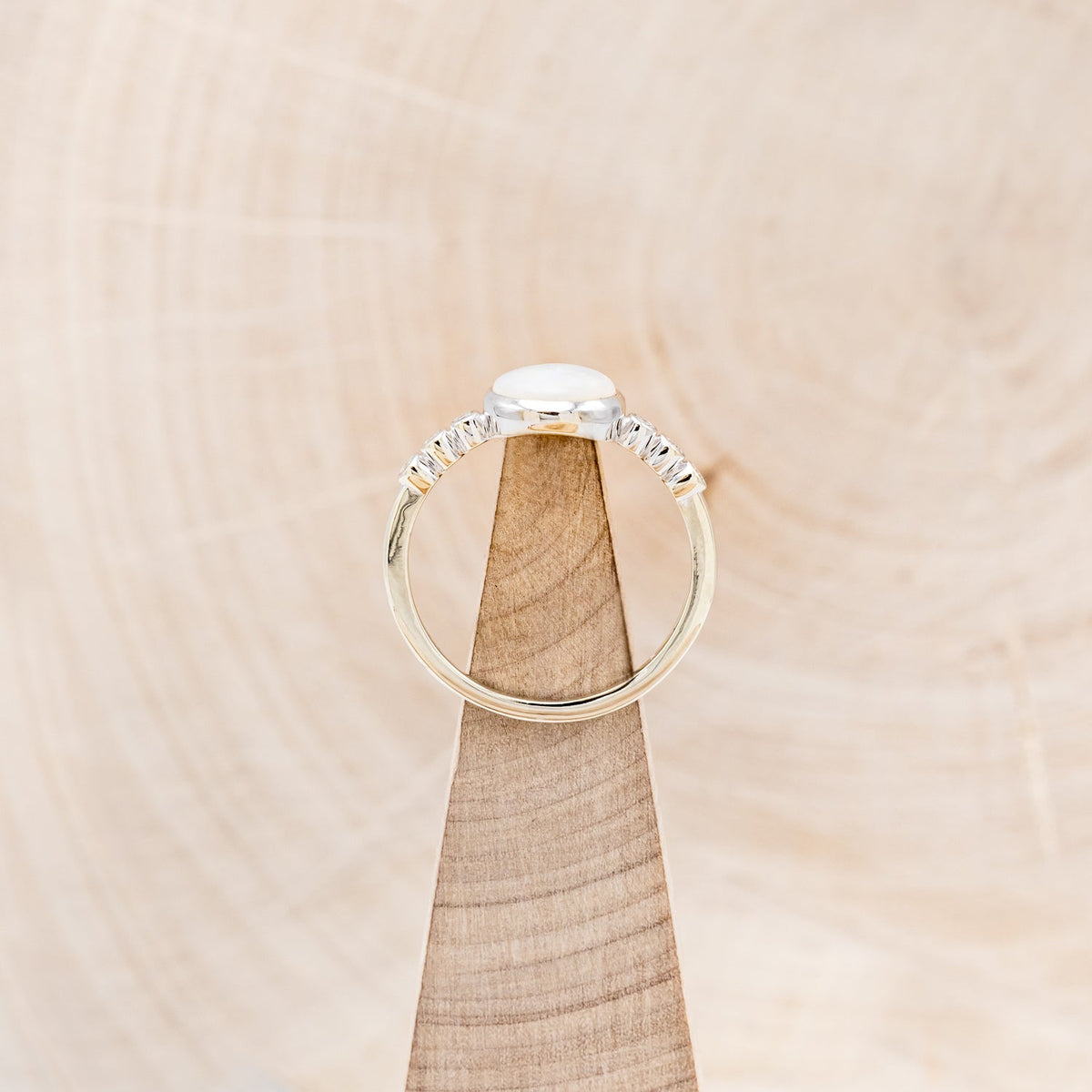 "Alouette" - Round Cabochon Cut Opal Engagement Ring With Diamond Accents - 14K White Gold - Size 6 1/4