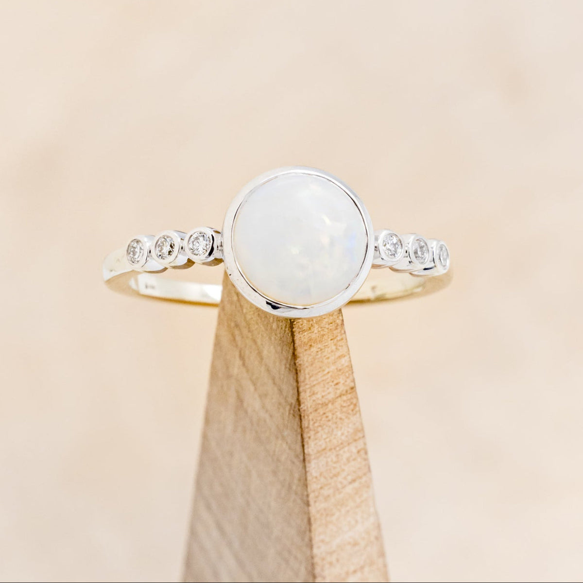 "Alouette" - Round Cabochon Cut Opal Engagement Ring With Diamond Accents - 14K White Gold - Size 6 1/4