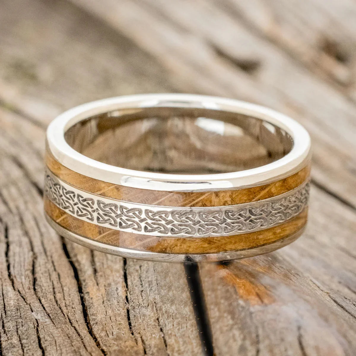 "Ryder" - Celtic Love Knot Engraved & Whiskey Barrel Oak Wedding Ring - 14K White Gold (8mm) - Size 11 3/4
