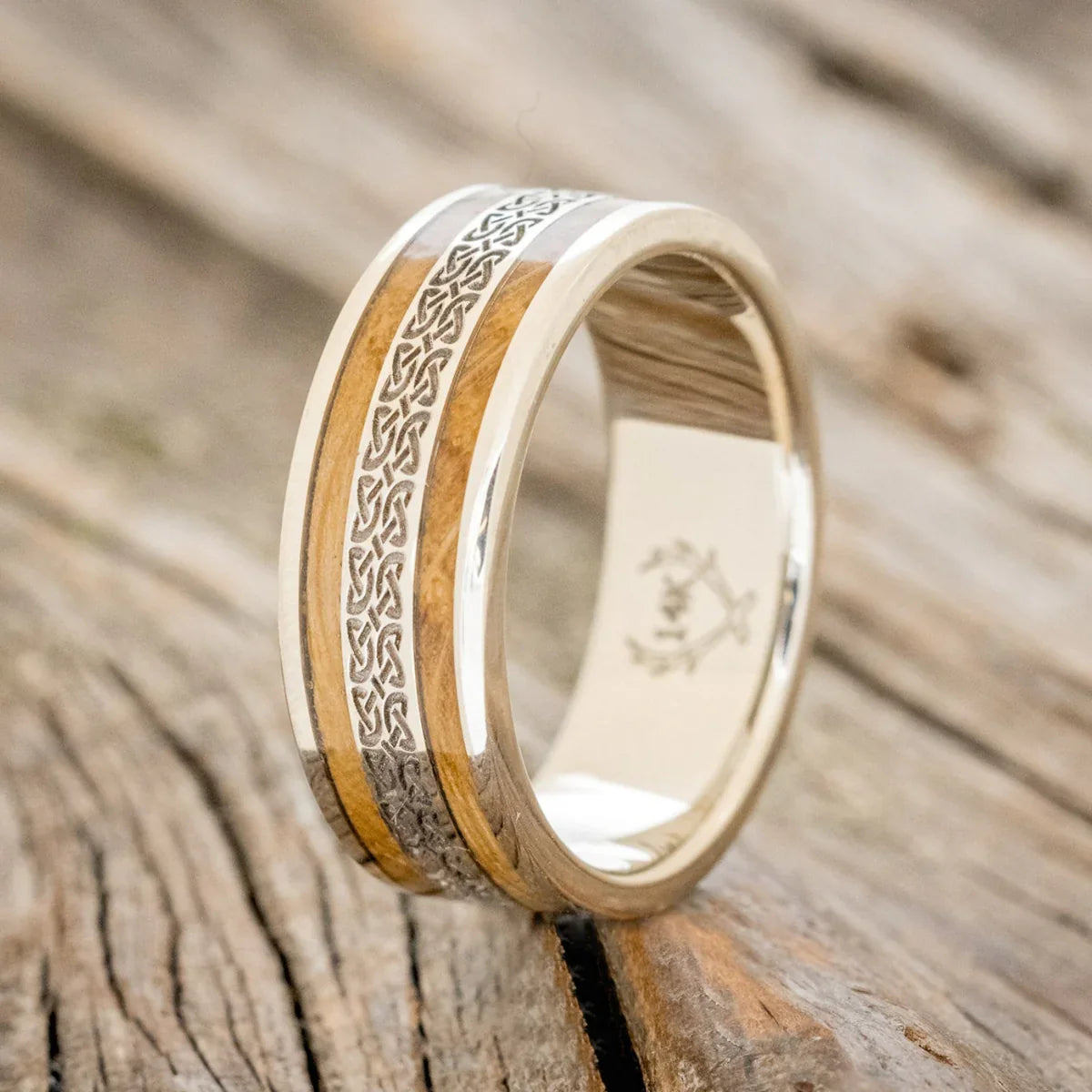 "Ryder" - Celtic Love Knot Engraved & Whiskey Barrel Oak Wedding Ring - 14K White Gold (8mm) - Size 11 3/4