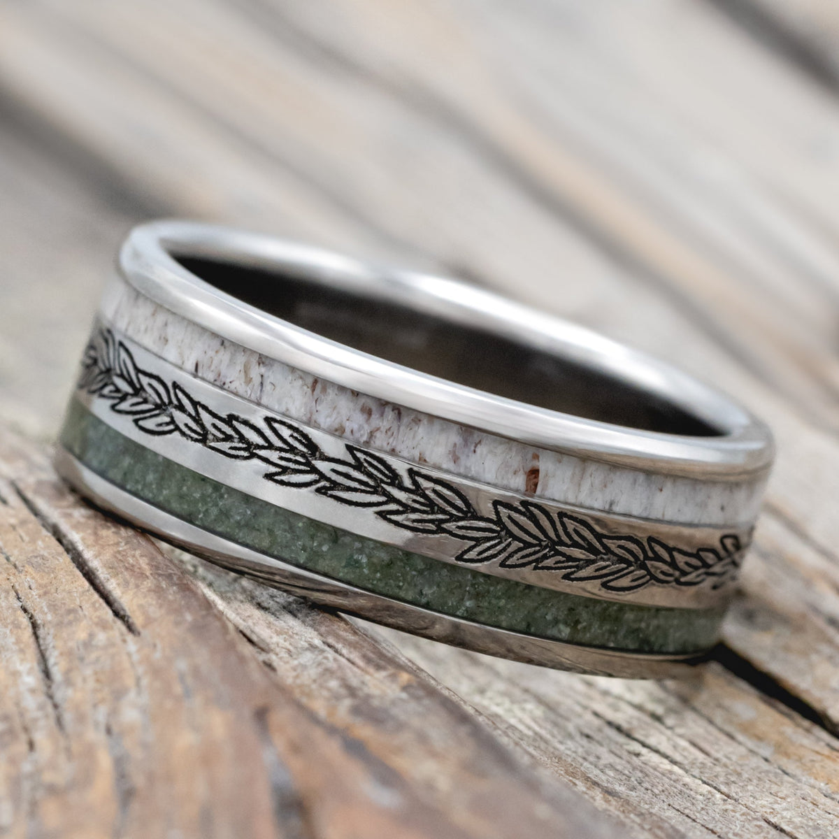 "Ryder" - Laurel Engraved Wedding Ring With Antler & Moss Agate