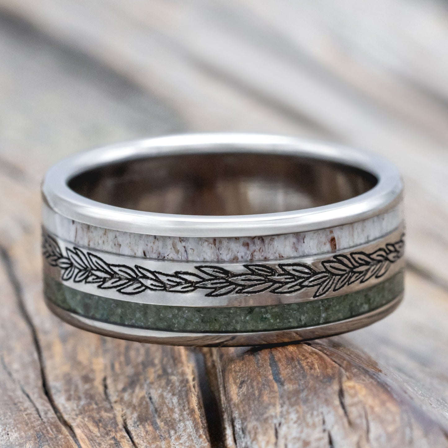 "Ryder" - Laurel Engraved Wedding Ring With Antler & Moss Agate