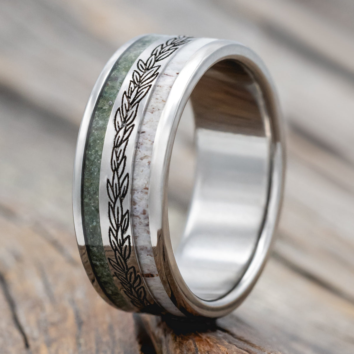 "Ryder" - Laurel Engraved Wedding Ring With Antler & Moss Agate