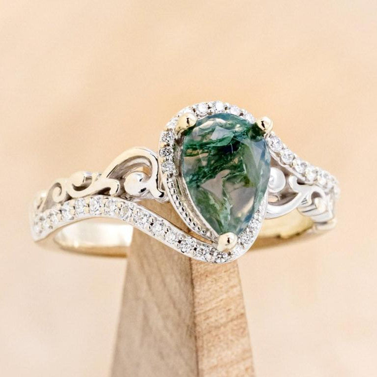 "Scarlet" - Pear Cut Moss Agate Engagement Ring With Diamond Accents