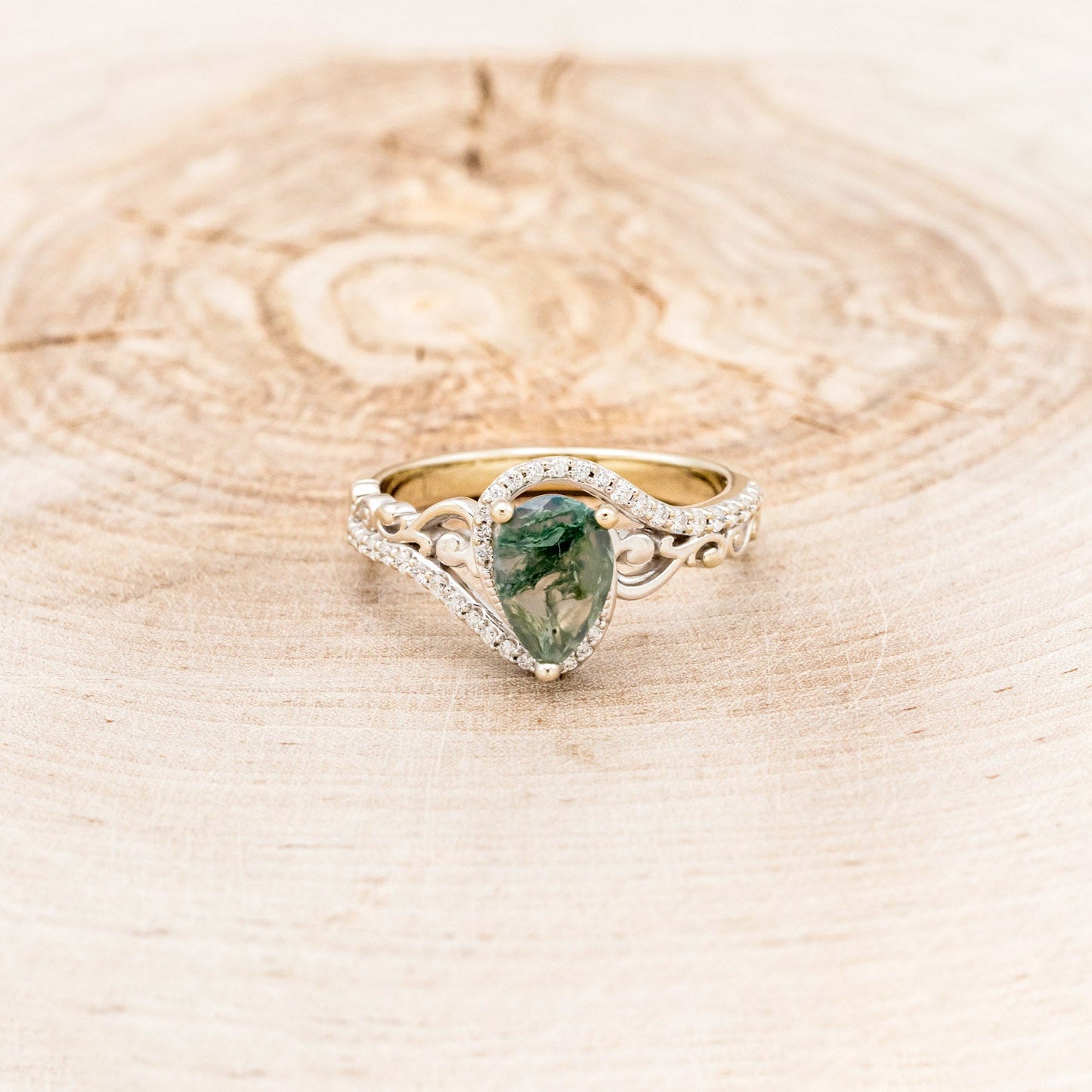 "Scarlet" - Pear Cut Moss Agate Engagement Ring With Diamond Accents