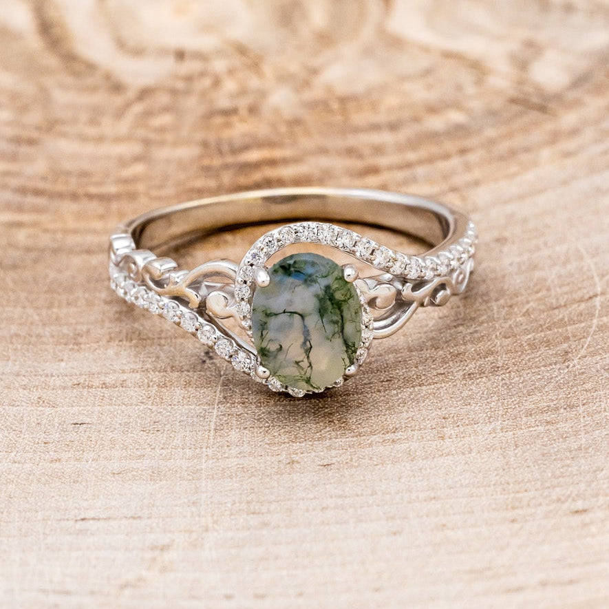 "Scarlet" - Oval Cut Moss Agate Engagement Ring With Diamond Accents