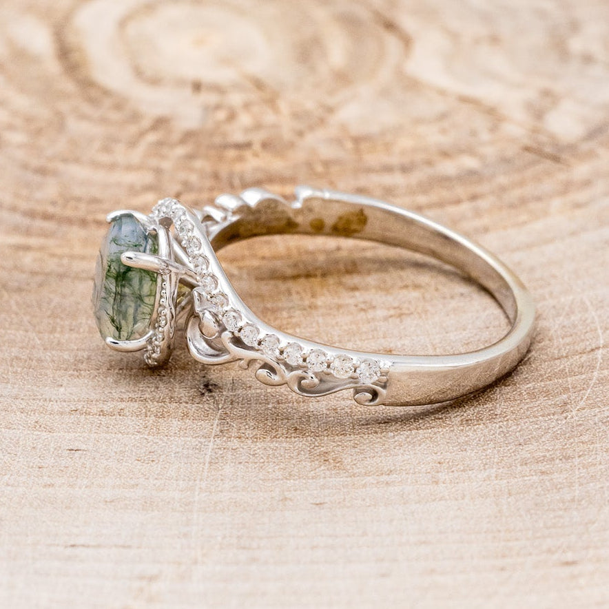 "Scarlet" - Oval Cut Moss Agate Engagement Ring With Diamond Accents