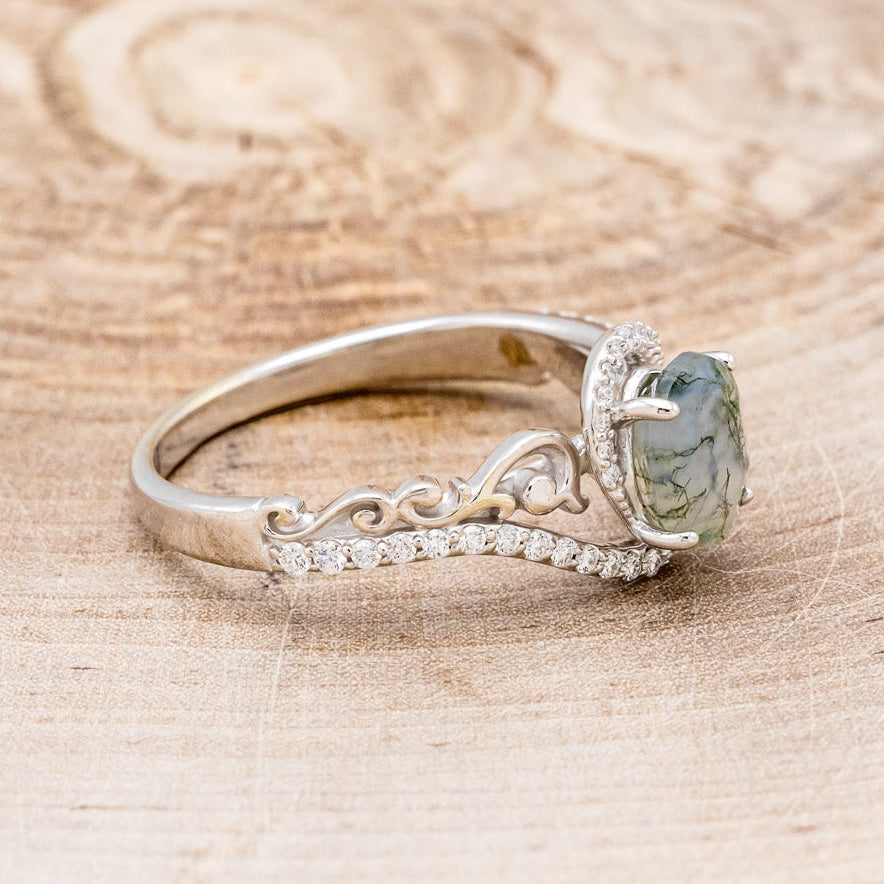 "Scarlet" - Oval Cut Moss Agate Engagement Ring With Diamond Accents
