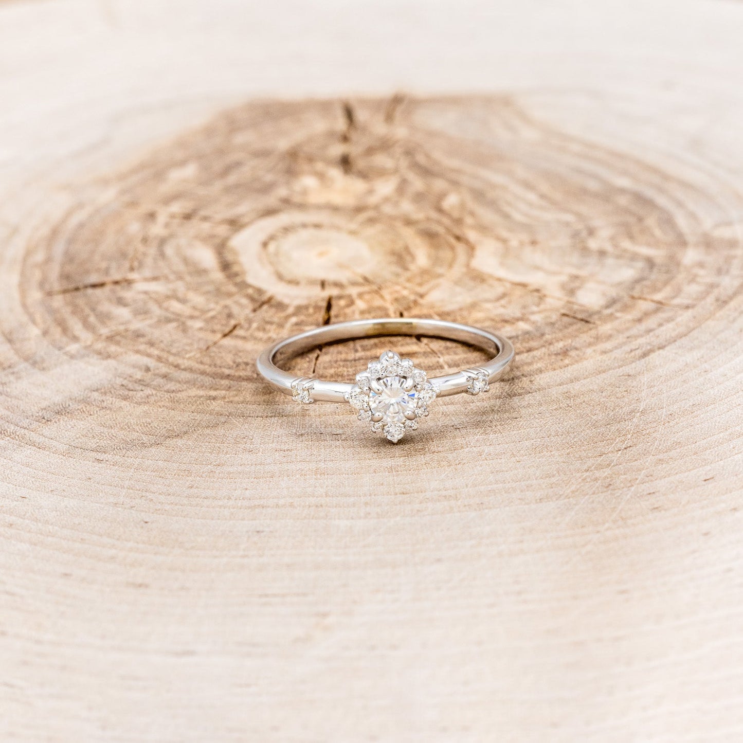 "Starla" - Round Cut Moissanite Engagement Ring With Starburst Diamond Halo