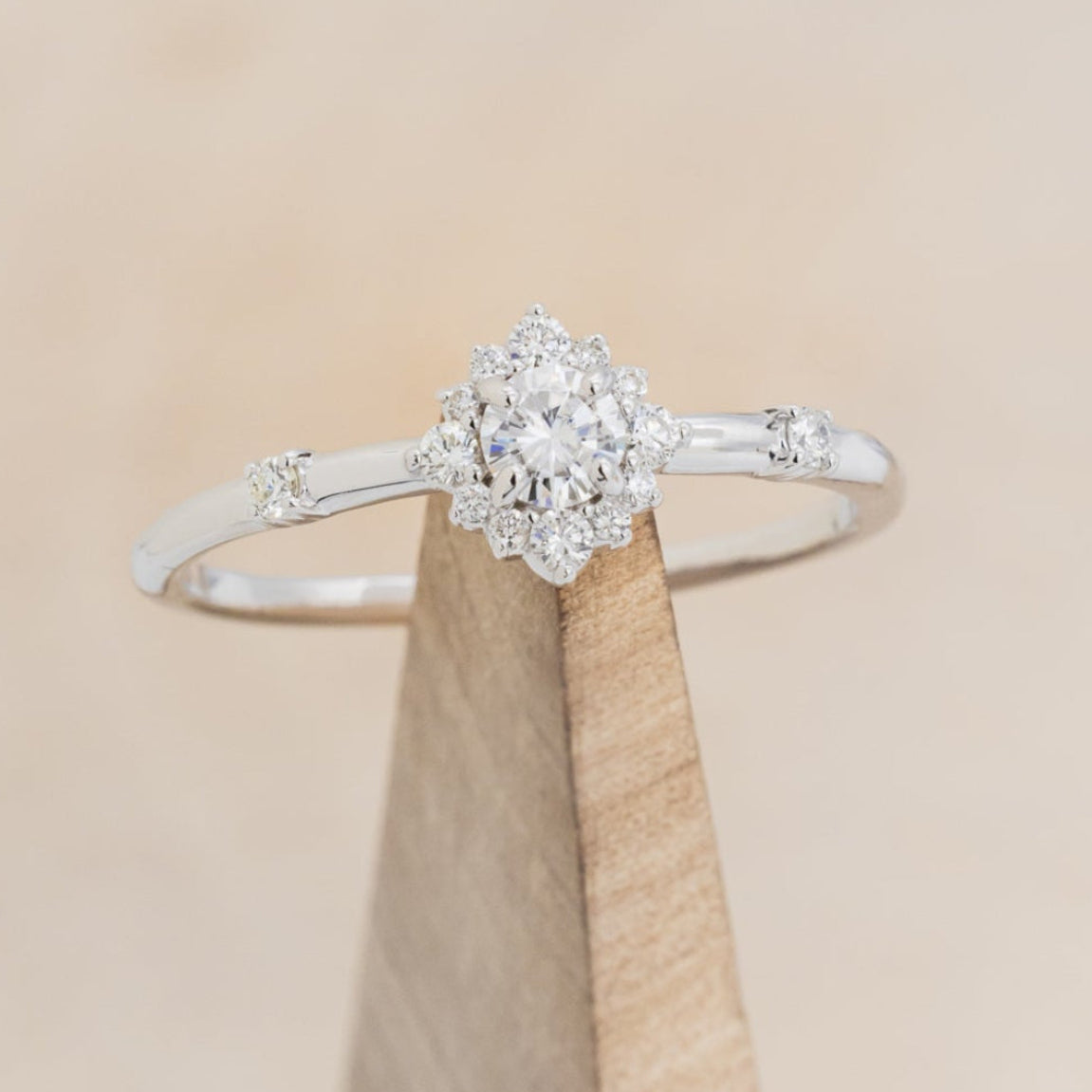 "Starla" - Round Cut Moissanite Engagement Ring With Starburst Diamond Halo