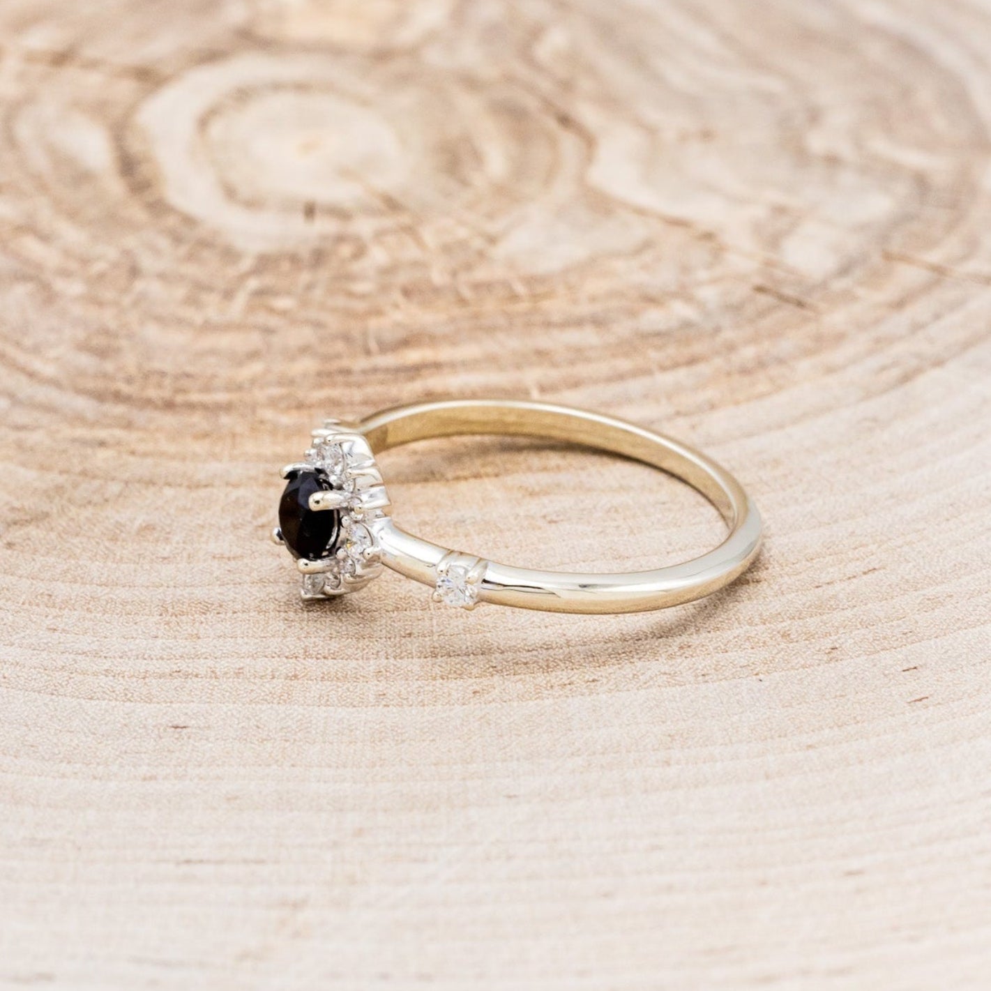 "Starla" - Round Cut Onyx Engagement Ring With Starburst Diamond Halo