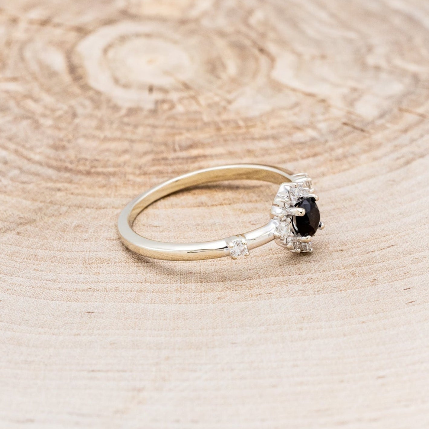 "Starla" - Round Cut Onyx Engagement Ring With Starburst Diamond Halo