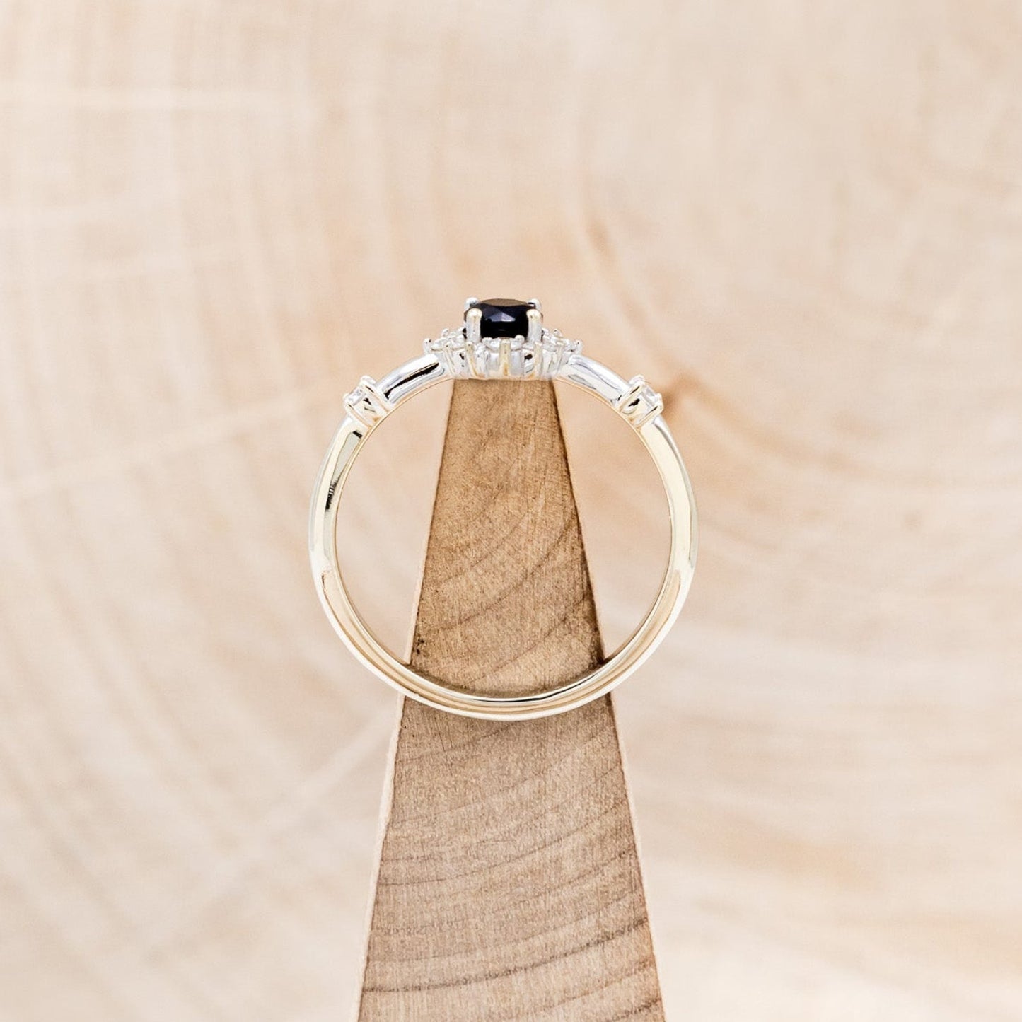 "Starla" - Round Cut Onyx Engagement Ring With Starburst Diamond Halo