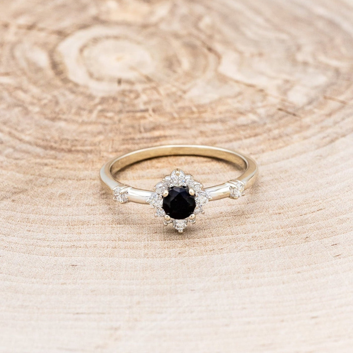"Starla" - Round Cut Onyx Engagement Ring With Starburst Diamond Halo