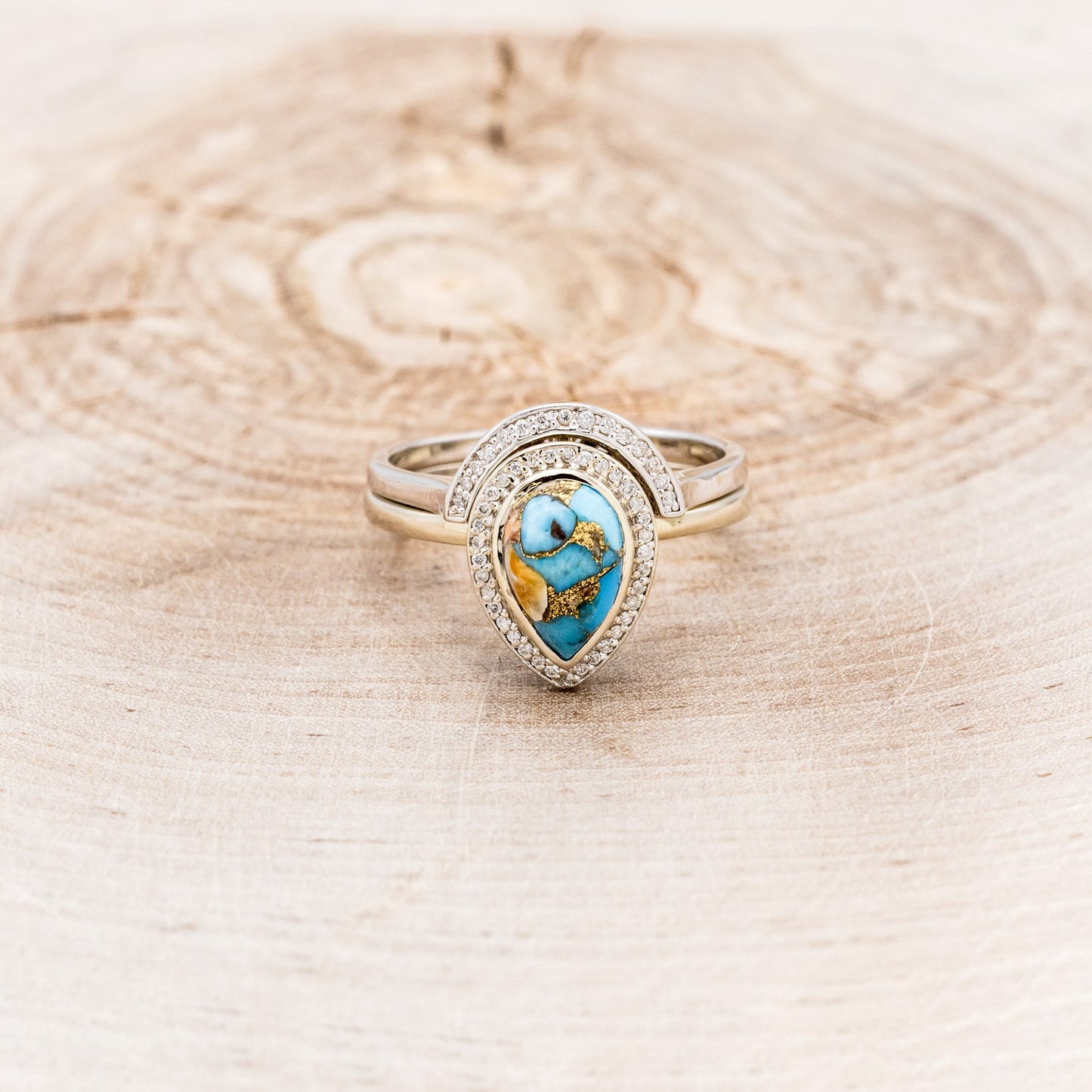 "Terra" Bridal Suite - Pear Cabochon Cut Spiny Oyster Turquoise Engagement Ring With Diamond Halo & Tracers