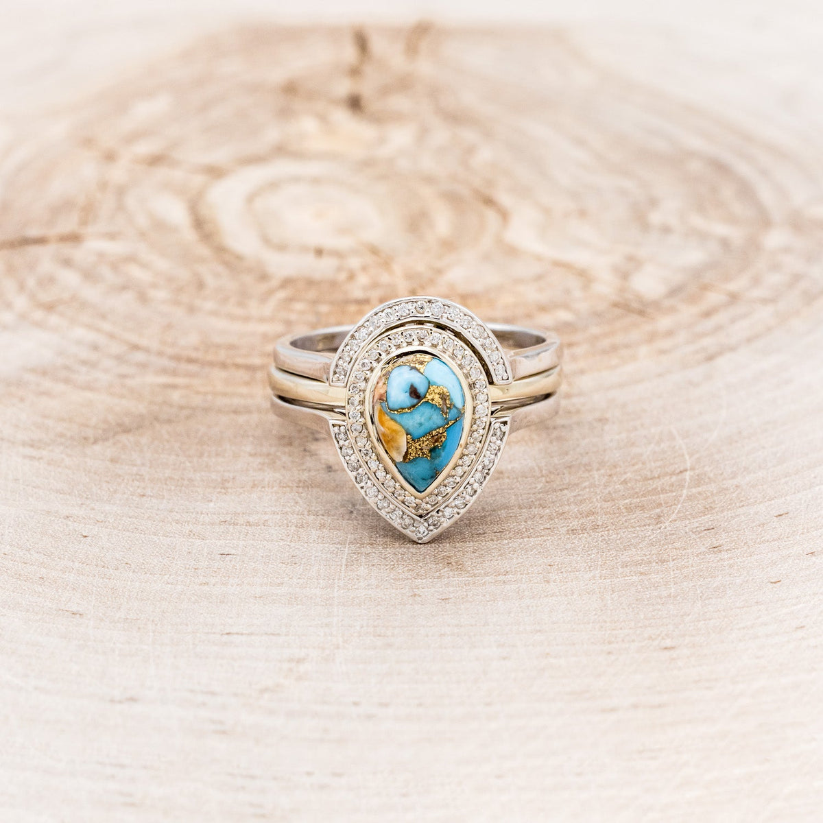 "Terra" Bridal Suite - Pear Cabochon Cut Spiny Oyster Turquoise Engagement Ring With Diamond Halo & Tracers