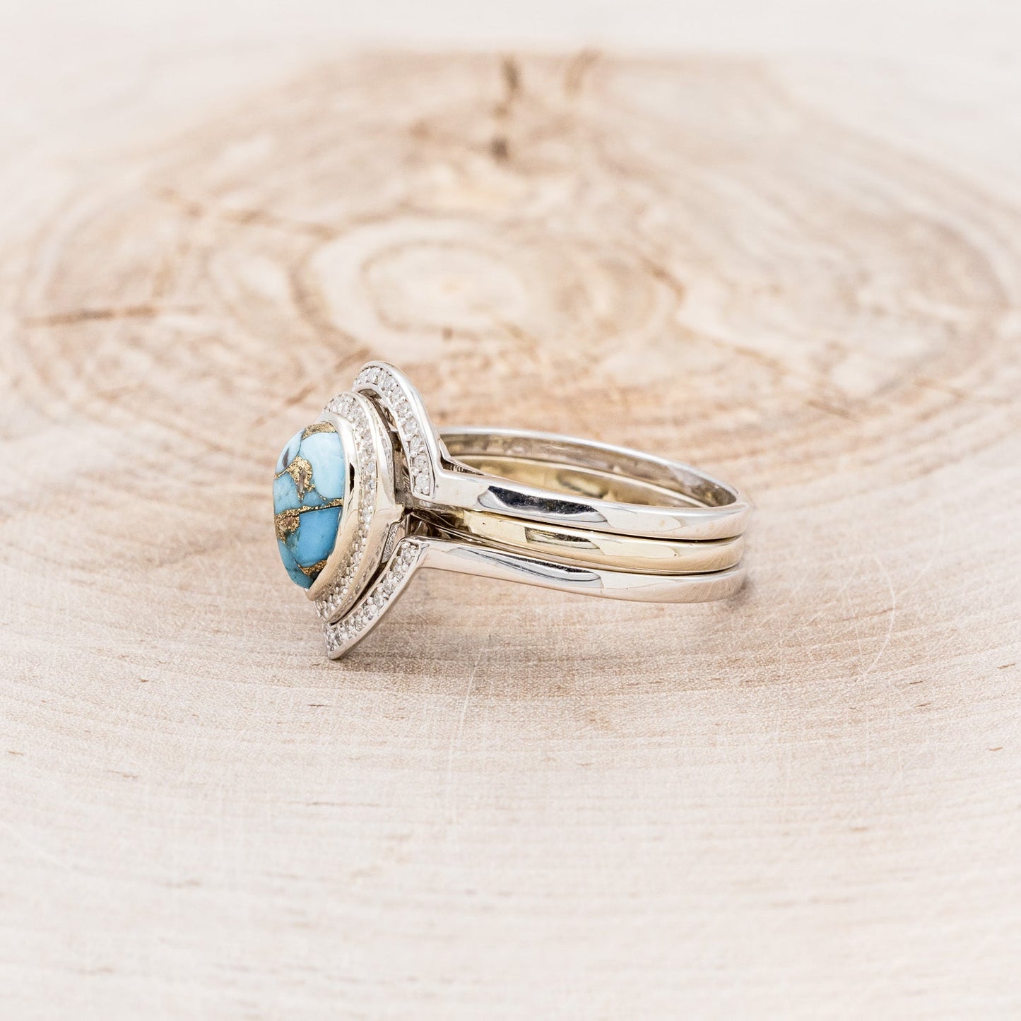 "Terra" Bridal Suite - Pear Cabochon Cut Spiny Oyster Turquoise Engagement Ring With Diamond Halo & Tracers