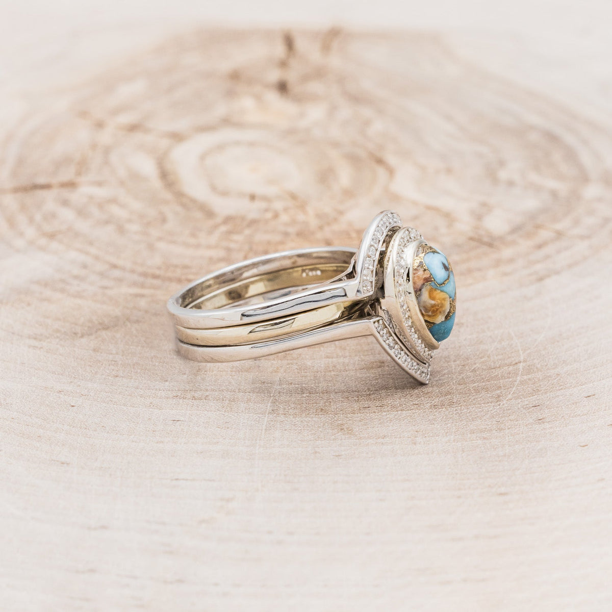 "Terra" Bridal Suite - Pear Cabochon Cut Spiny Oyster Turquoise Engagement Ring With Diamond Halo & Tracers