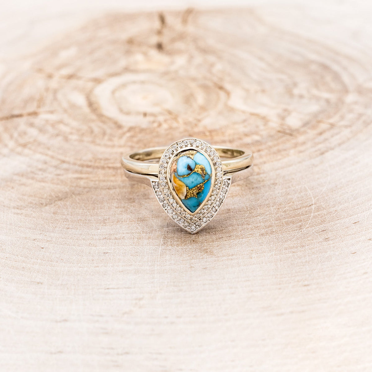 "Terra" Bridal Suite - Pear Cabochon Cut Spiny Oyster Turquoise Engagement Ring With Diamond Halo & Tracers
