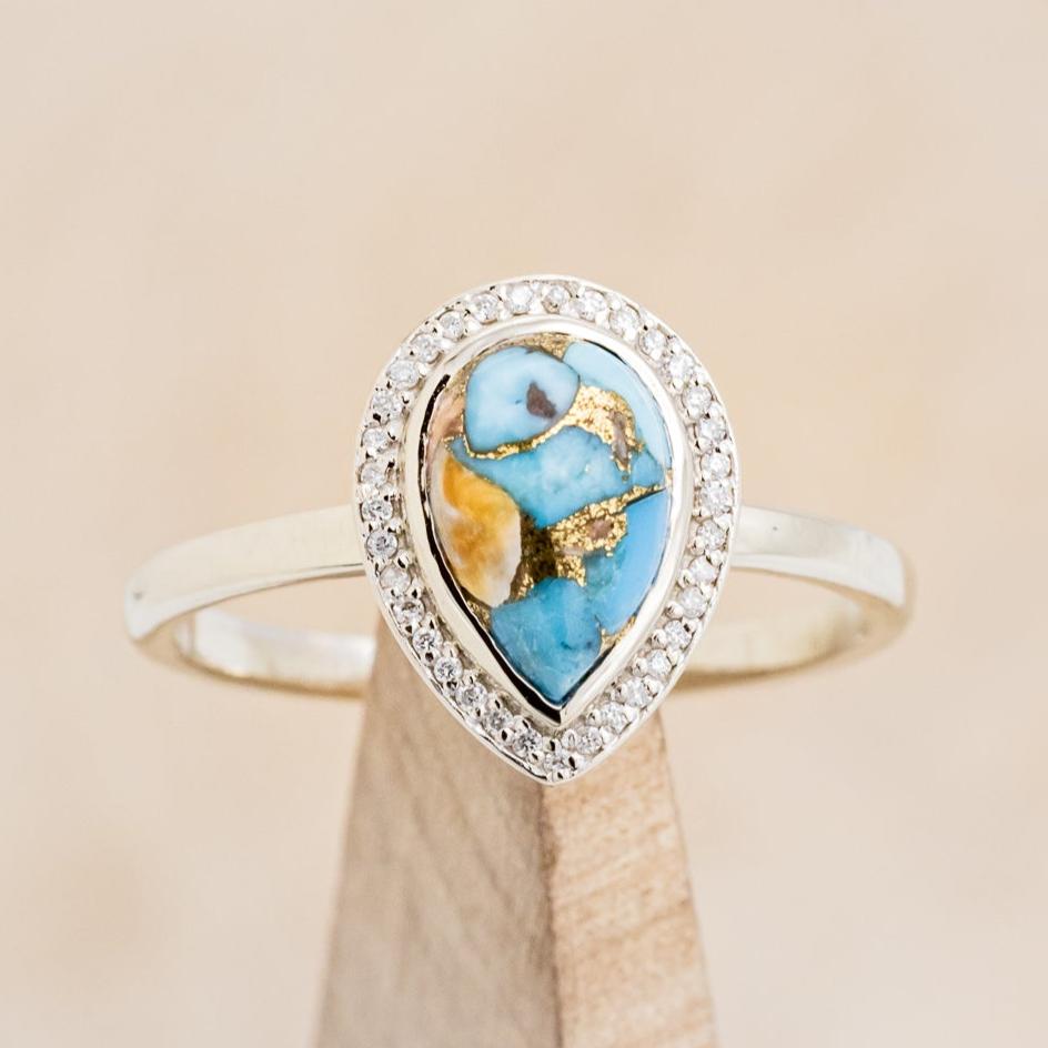 "Terra" Bridal Suite - Pear Cabochon Cut Spiny Oyster Turquoise Engagement Ring With Diamond Halo & Tracers