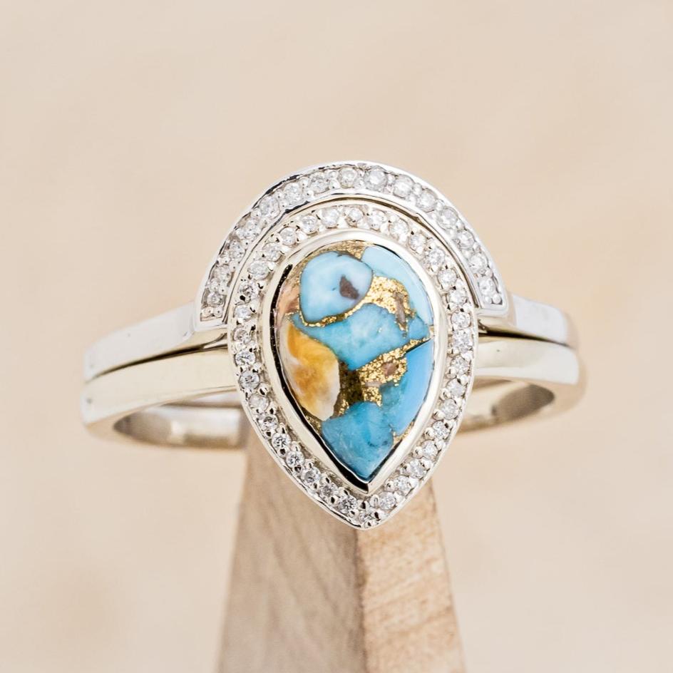 "Terra" Bridal Suite - Pear Cabochon Cut Spiny Oyster Turquoise Engagement Ring With Diamond Halo & Tracers