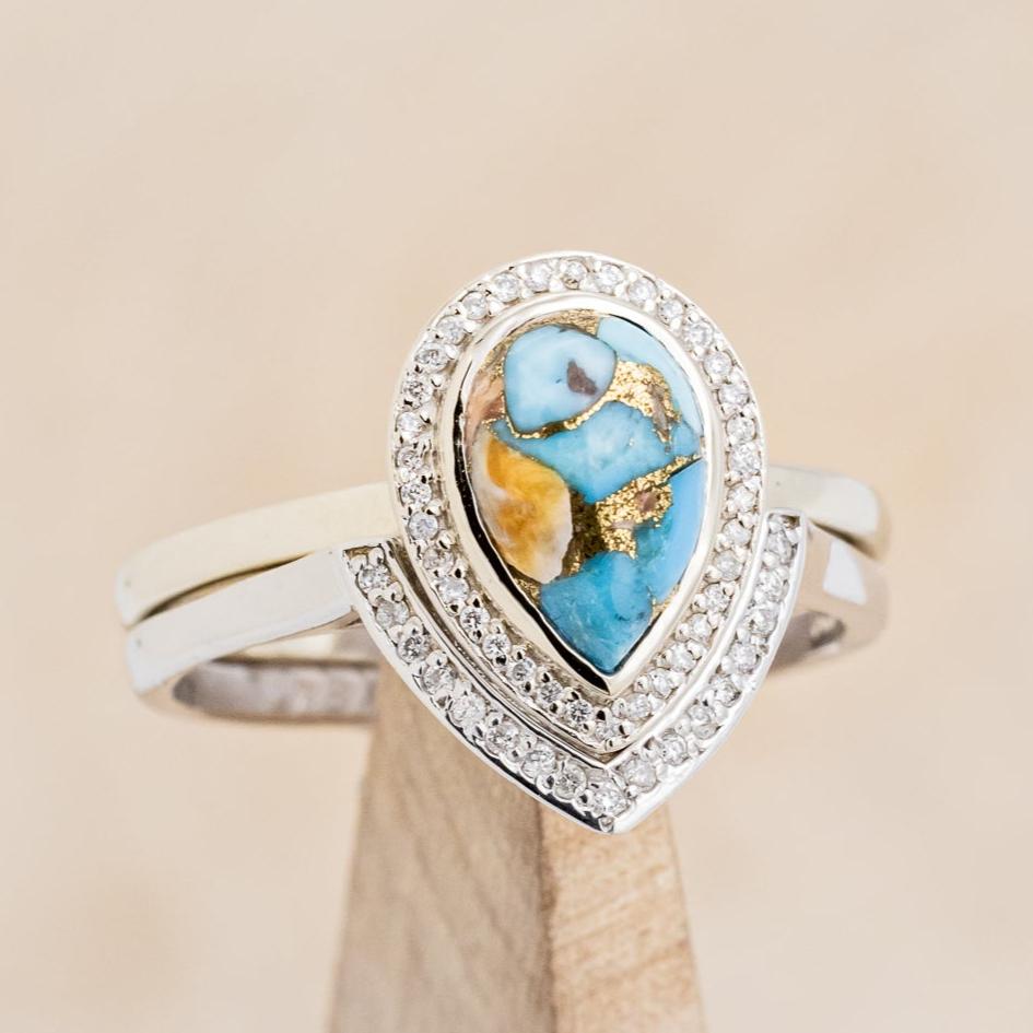"Terra" Bridal Suite - Pear Cabochon Cut Spiny Oyster Turquoise Engagement Ring With Diamond Halo & Tracers