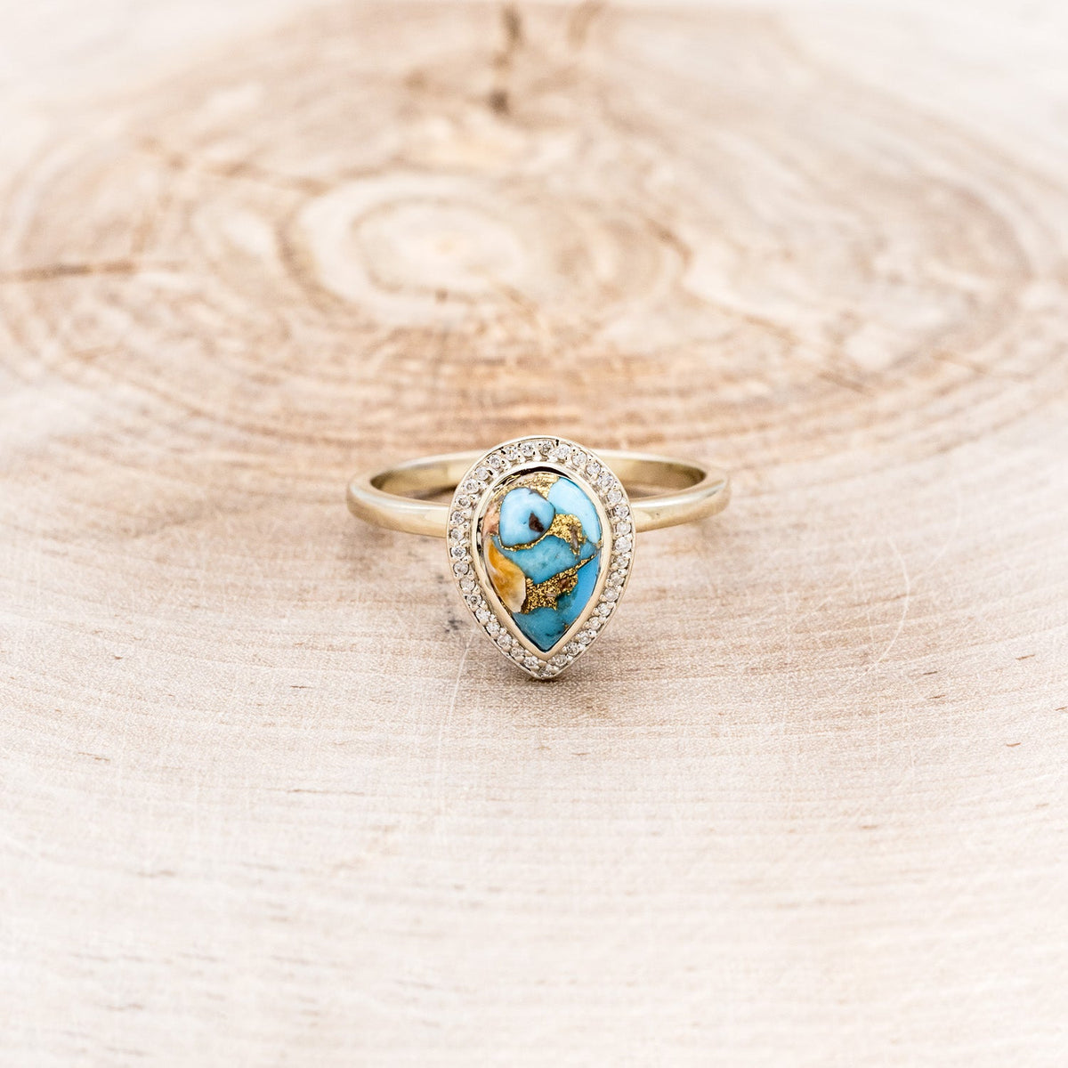 "Terra" Bridal Suite - Pear Cabochon Cut Spiny Oyster Turquoise Engagement Ring With Diamond Halo & Tracers