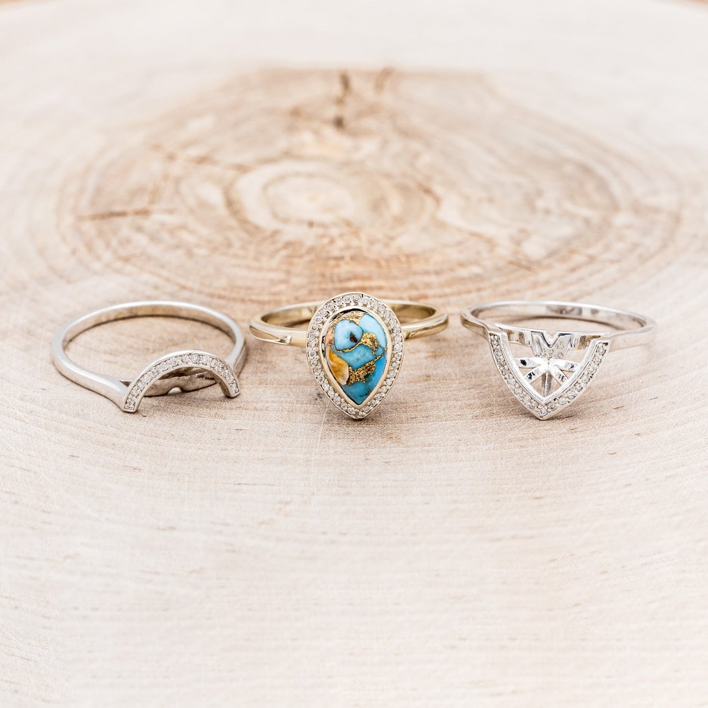 "Terra" Bridal Suite - Pear Cabochon Cut Spiny Oyster Turquoise Engagement Ring With Diamond Halo & Tracers