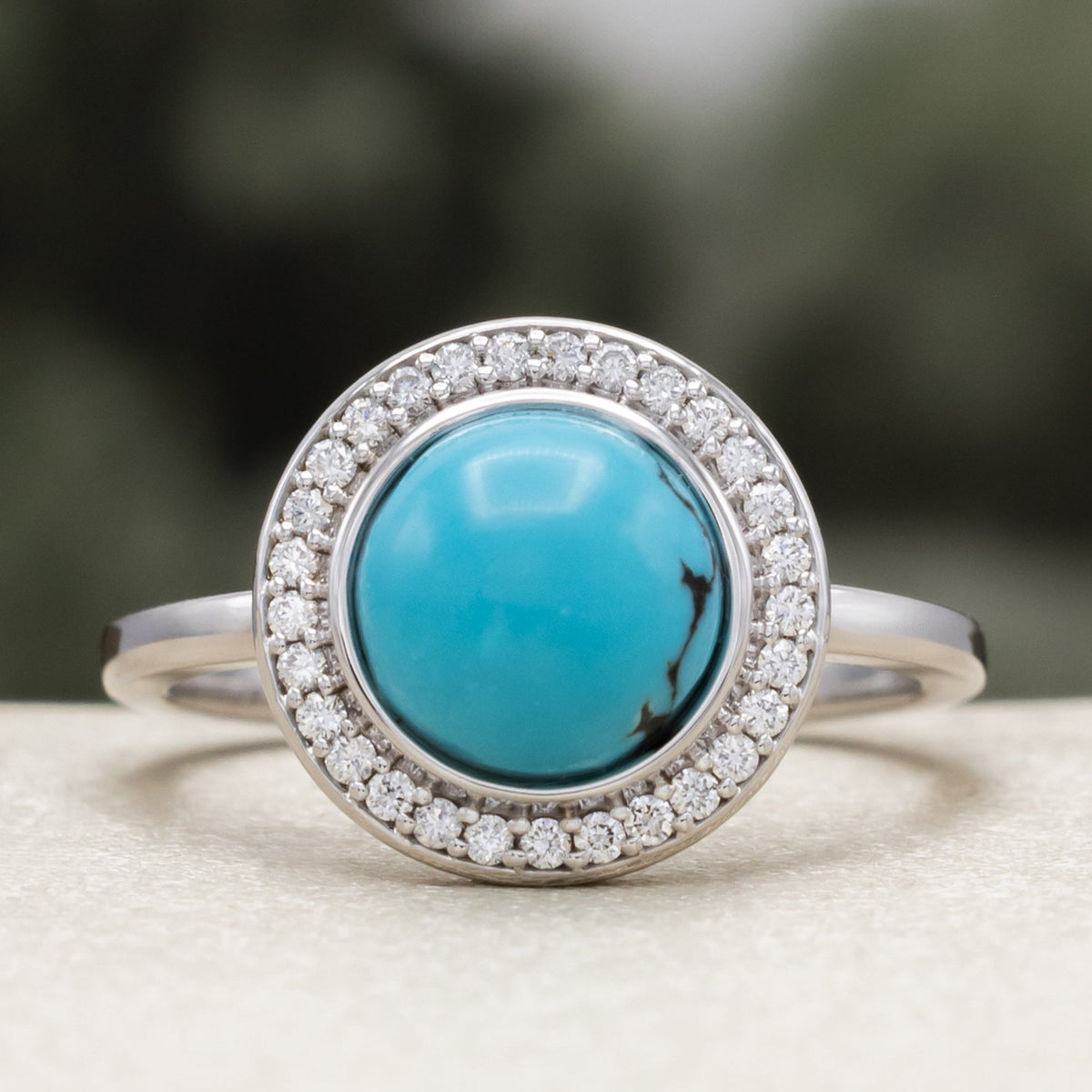 "Terra" - Bridal Suite - Round Cabochon Cut Turquoise Engagement Ring With Diamond Halo & Sama Tracers