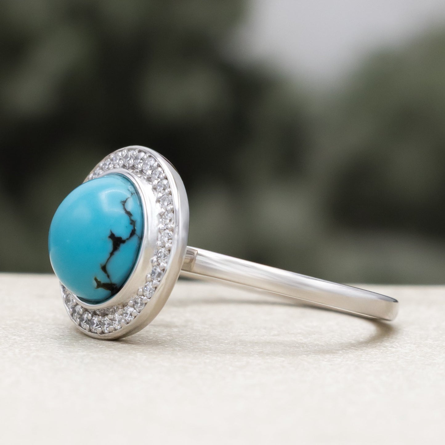 "Terra" - Bridal Suite - Round Cabochon Cut Turquoise Engagement Ring With Diamond Halo & Sama Tracers