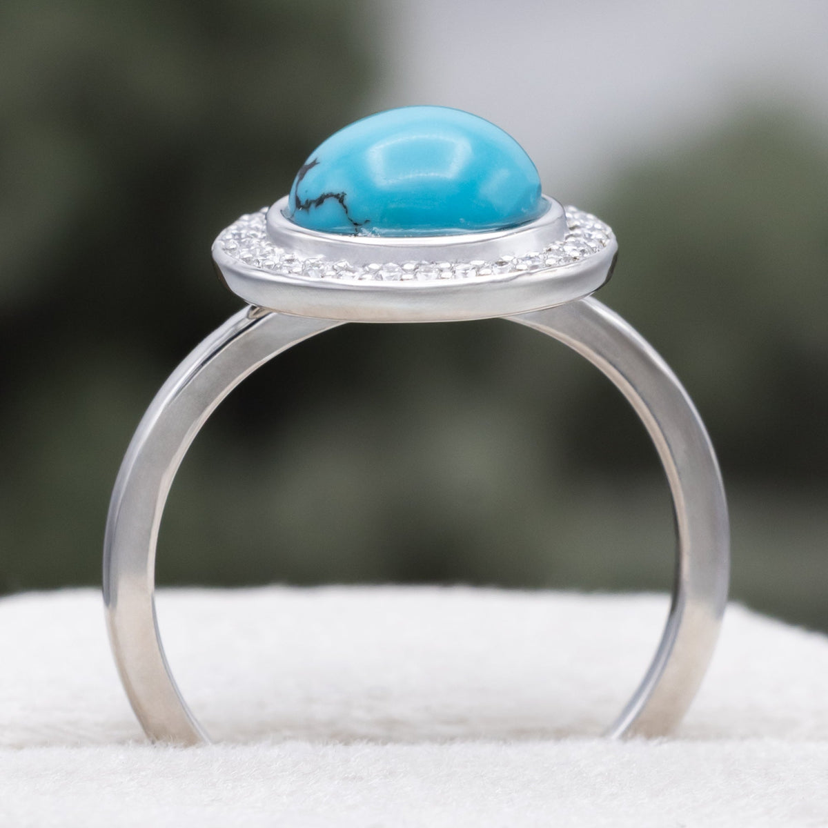 "Terra" - Bridal Suite - Round Cabochon Cut Turquoise Engagement Ring With Diamond Halo & Sama Tracers