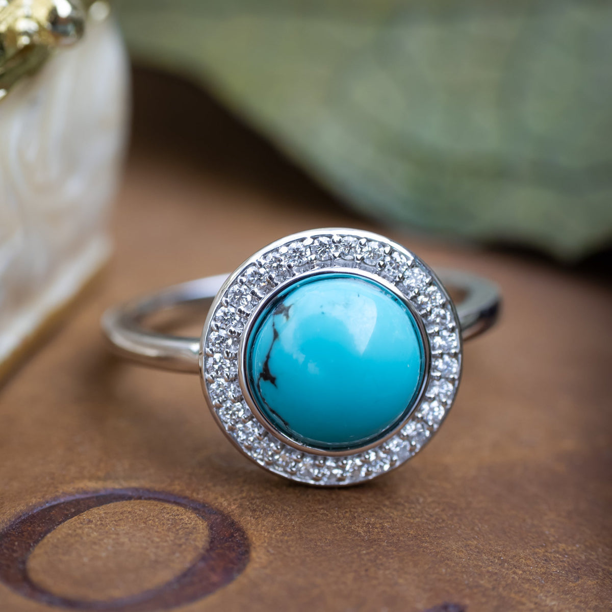 "Terra" - Bridal Suite - Round Cabochon Cut Turquoise Engagement Ring With Diamond Halo & Sama Tracers