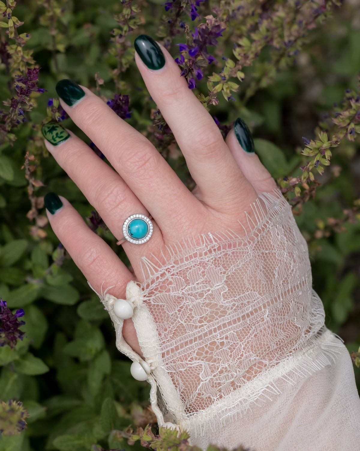 "Terra" - Bridal Suite - Round Cabochon Cut Turquoise Engagement Ring With Diamond Halo & Sama Tracers