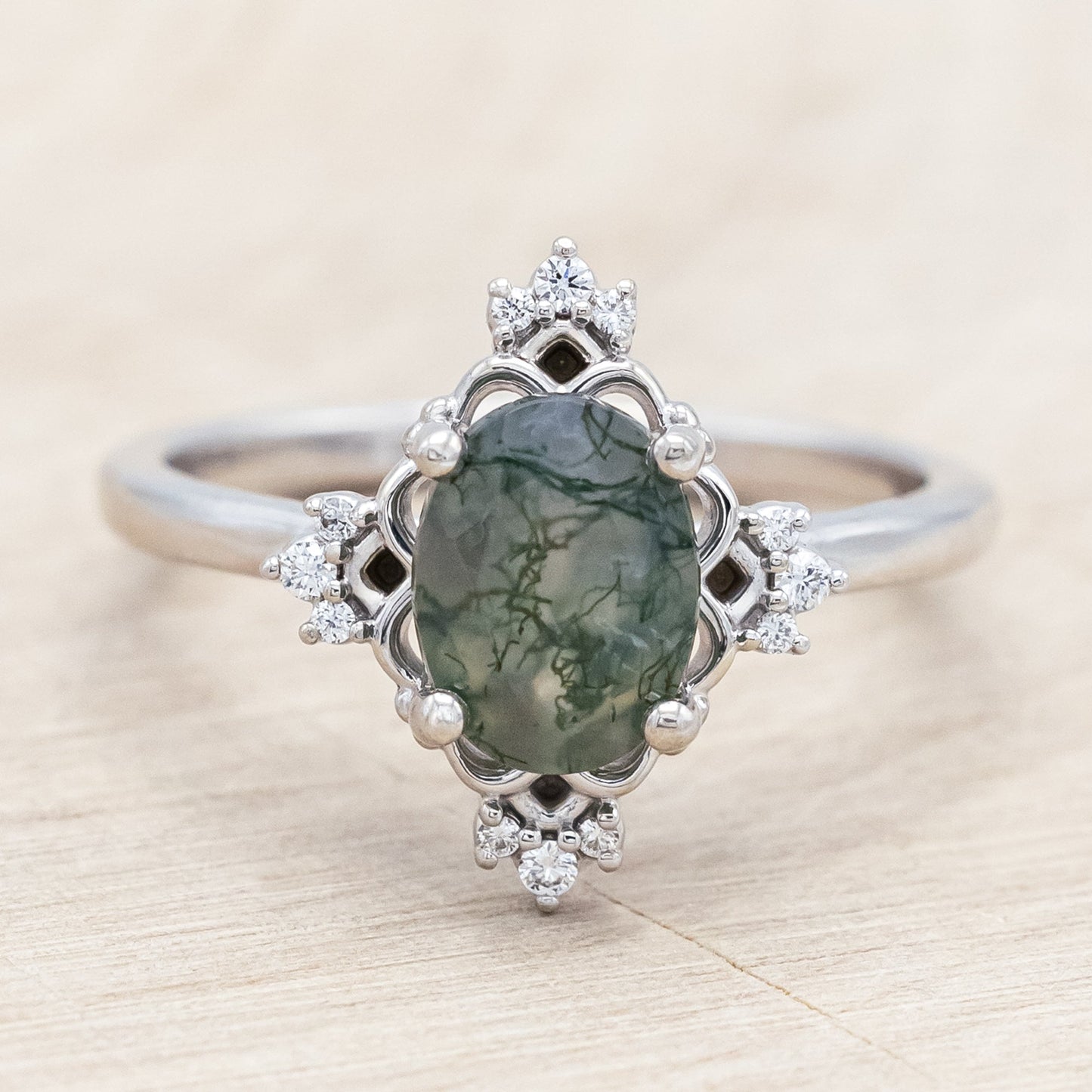 "Treva" - Oval Cut Moss Agate Engagement Ring With Diamond Accents & "Melody" Tracer