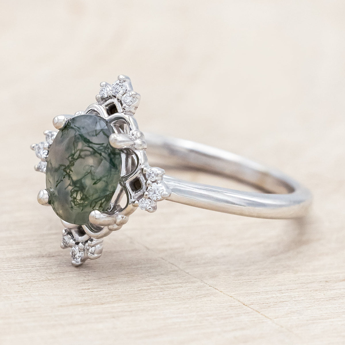 "Treva" - Oval Cut Moss Agate Engagement Ring With Diamond Accents & "Melody" Tracer