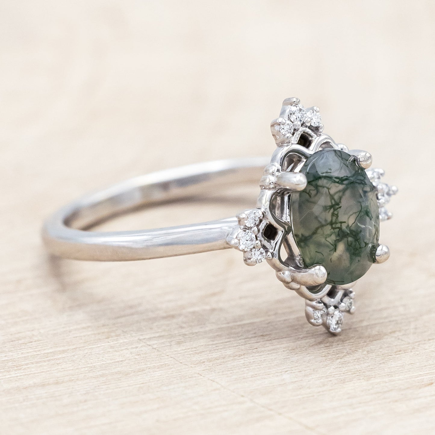"Treva" - Oval Cut Moss Agate Engagement Ring With Diamond Accents & "Melody" Tracer
