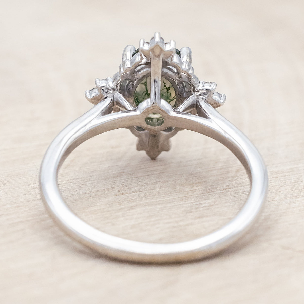 "Treva" - Oval Cut Moss Agate Engagement Ring With Diamond Accents & "Melody" Tracer
