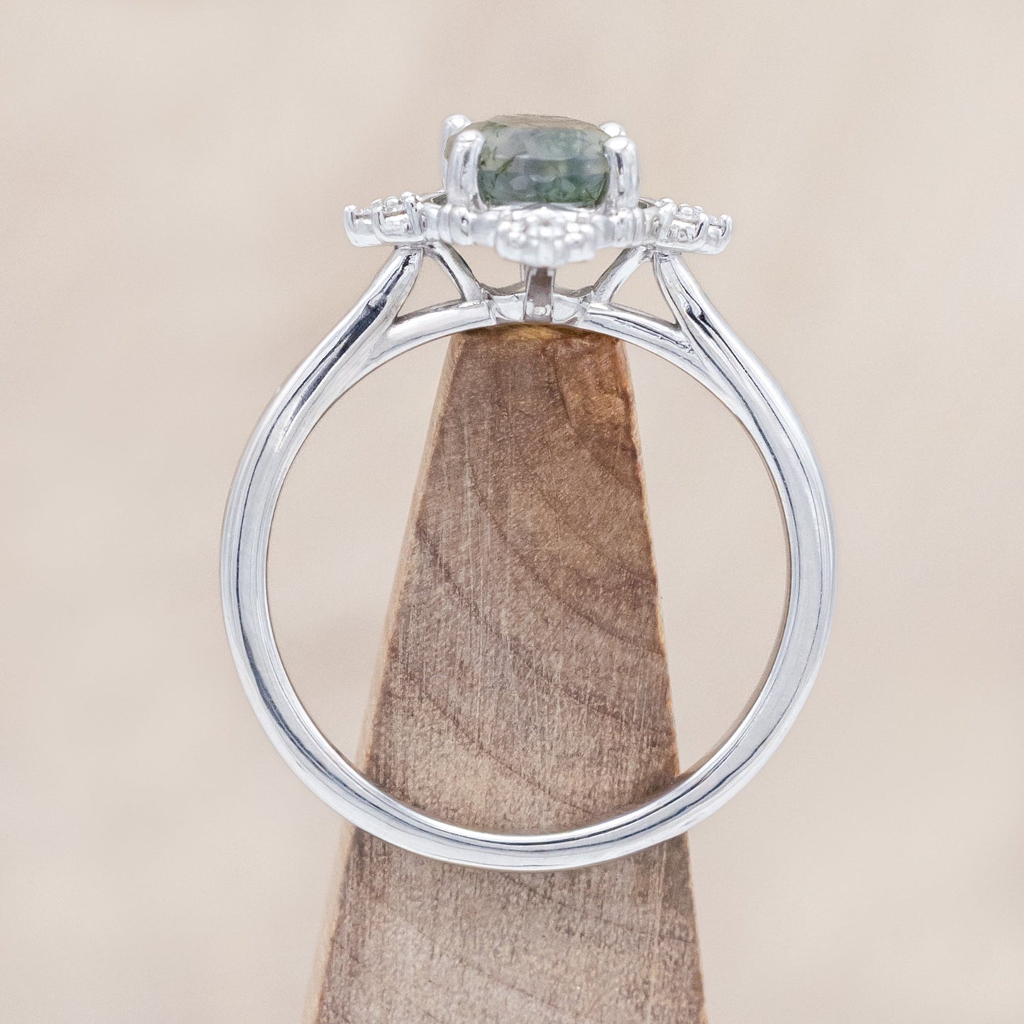 "Treva" - Oval Cut Moss Agate Engagement Ring With Diamond Accents & "Melody" Tracer