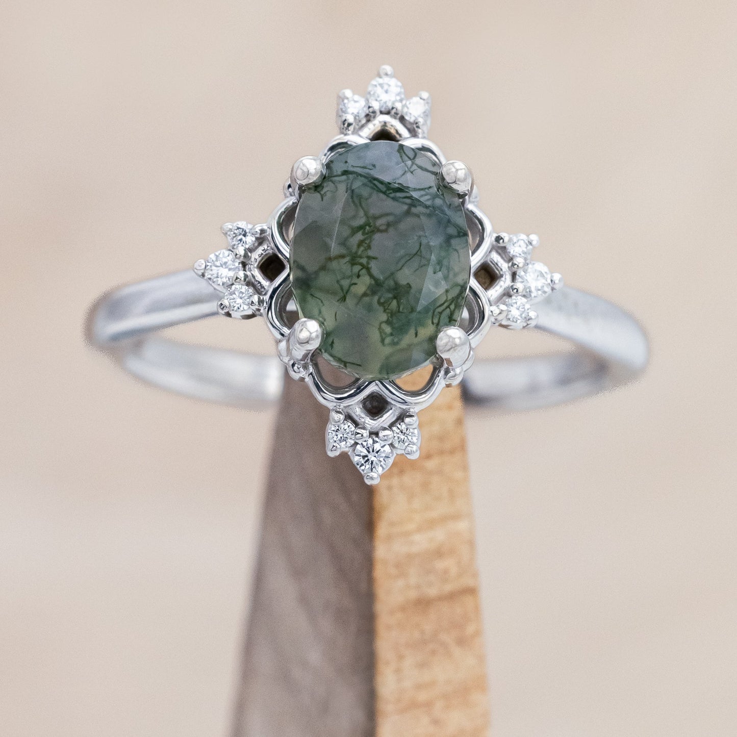"Treva" - Oval Cut Moss Agate Engagement Ring With Diamond Accents & "Melody" Tracer