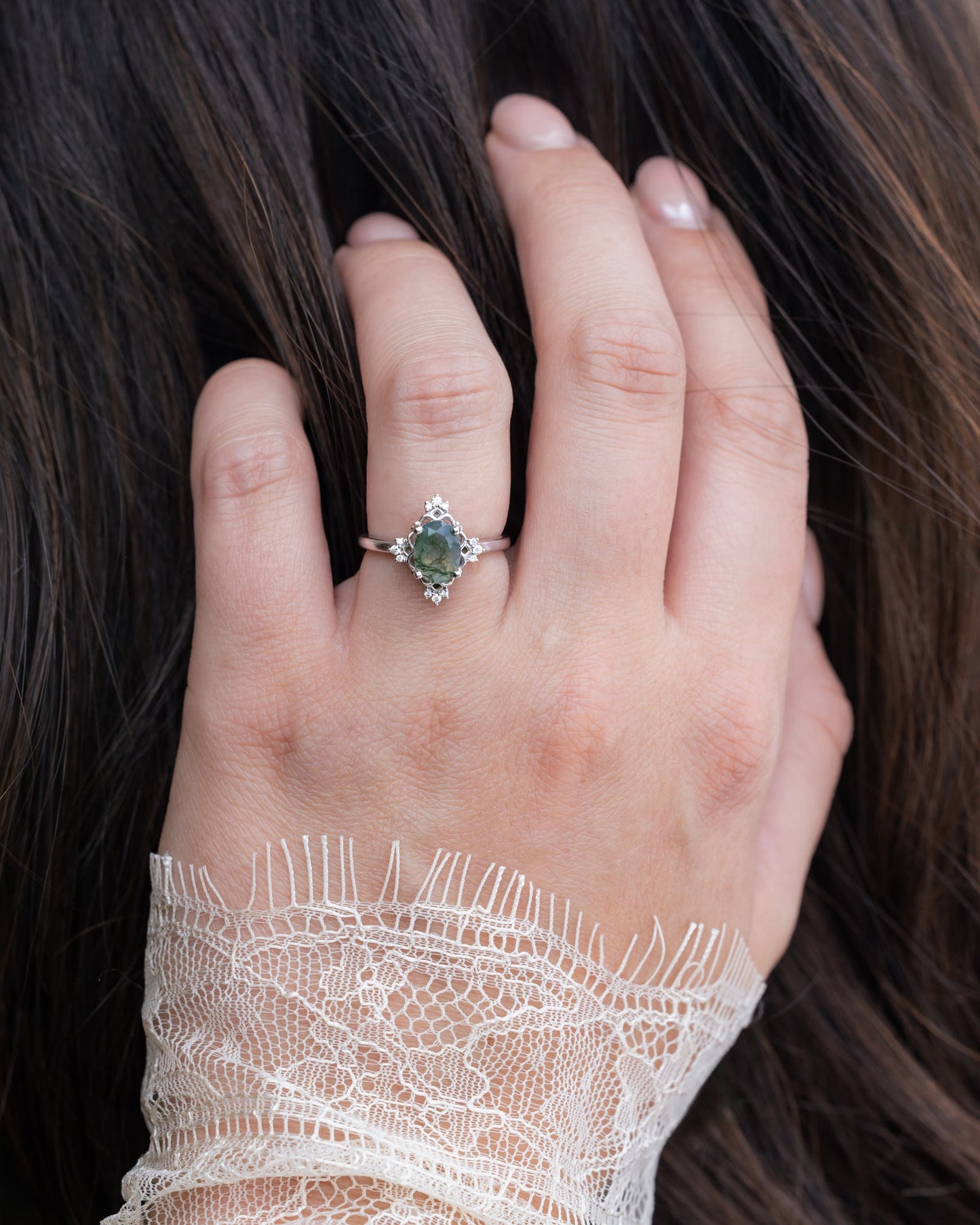 "Treva" - Oval Cut Moss Agate Engagement Ring With Diamond Accents & "Melody" Tracer