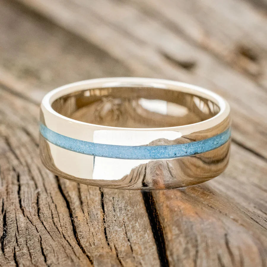 "Vertigo" - Crushed Turquoise Wedding Ring - 14K White Gold (8mm) - Size 6 1/2