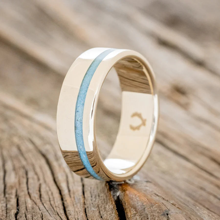 "Vertigo" - Crushed Turquoise Wedding Ring - 14K White Gold (8mm) - Size 6 1/2