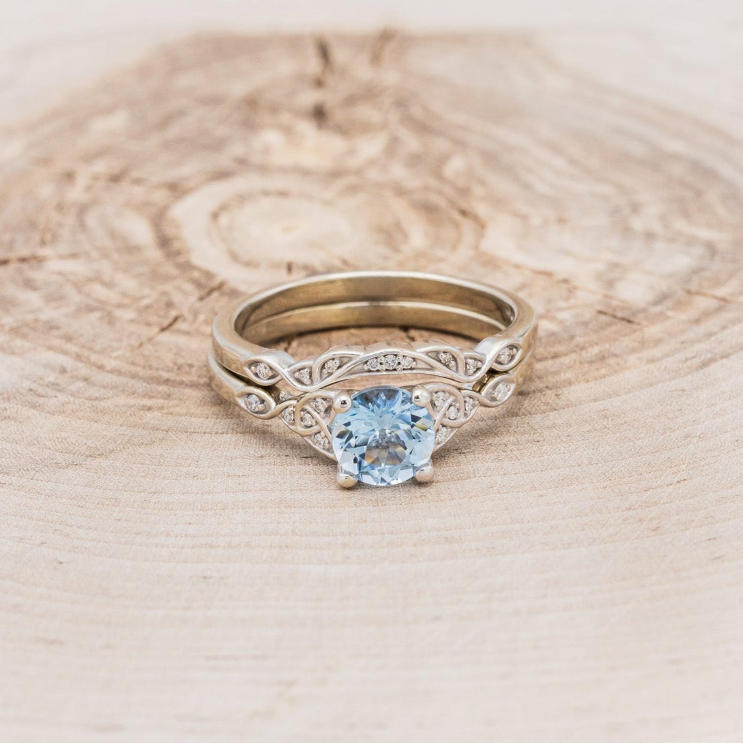 "Aife" - Celtic Knot Style Aquamarine Engagement Ring With Diamond Tracer