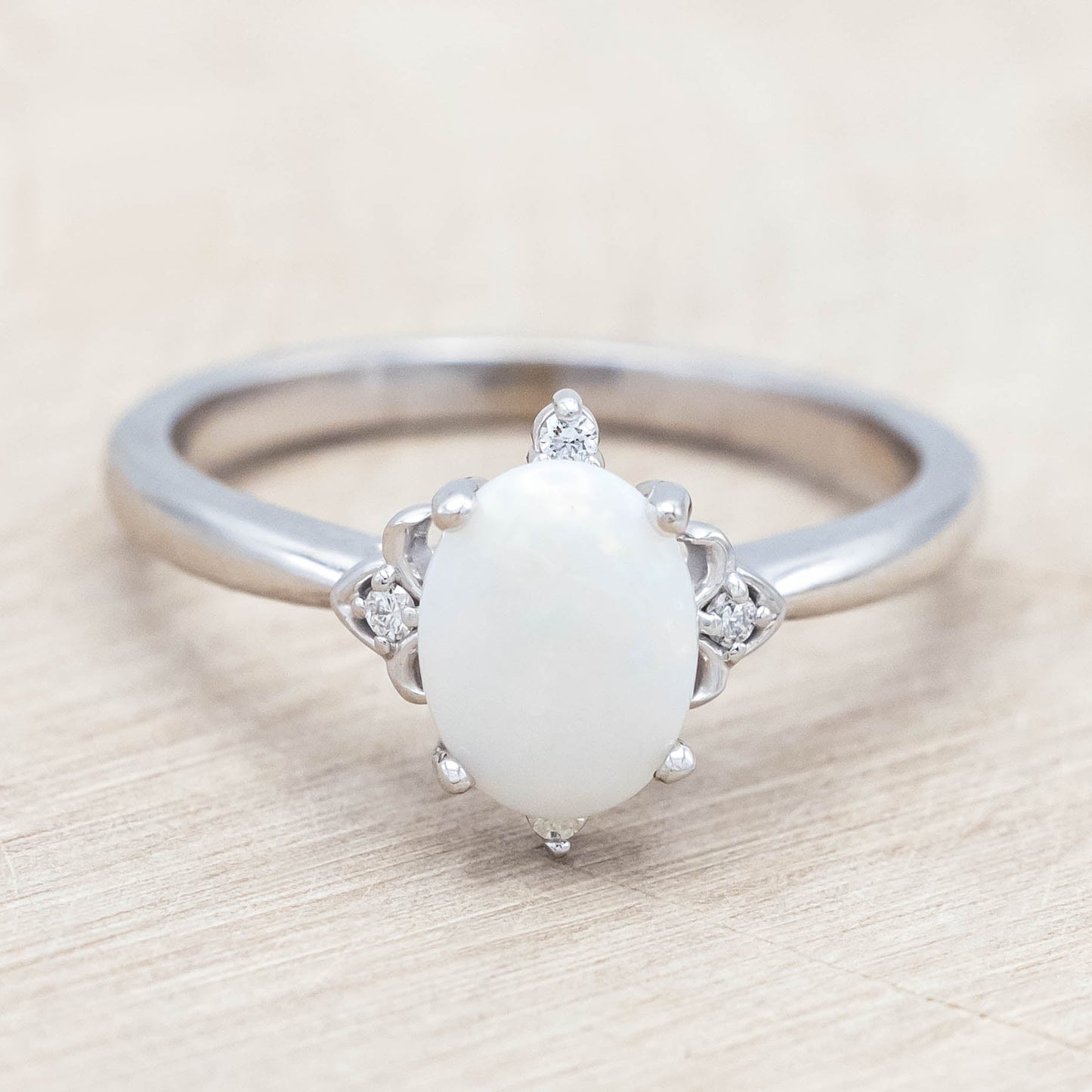 "Zella" - Oval Cabochon Cut White Opal Engagement Ring With Diamond Accents