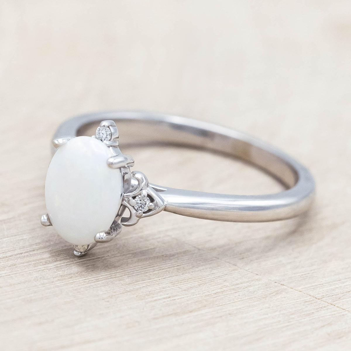 "Zella" - Oval Cabochon Cut White Opal Engagement Ring With Diamond Accents