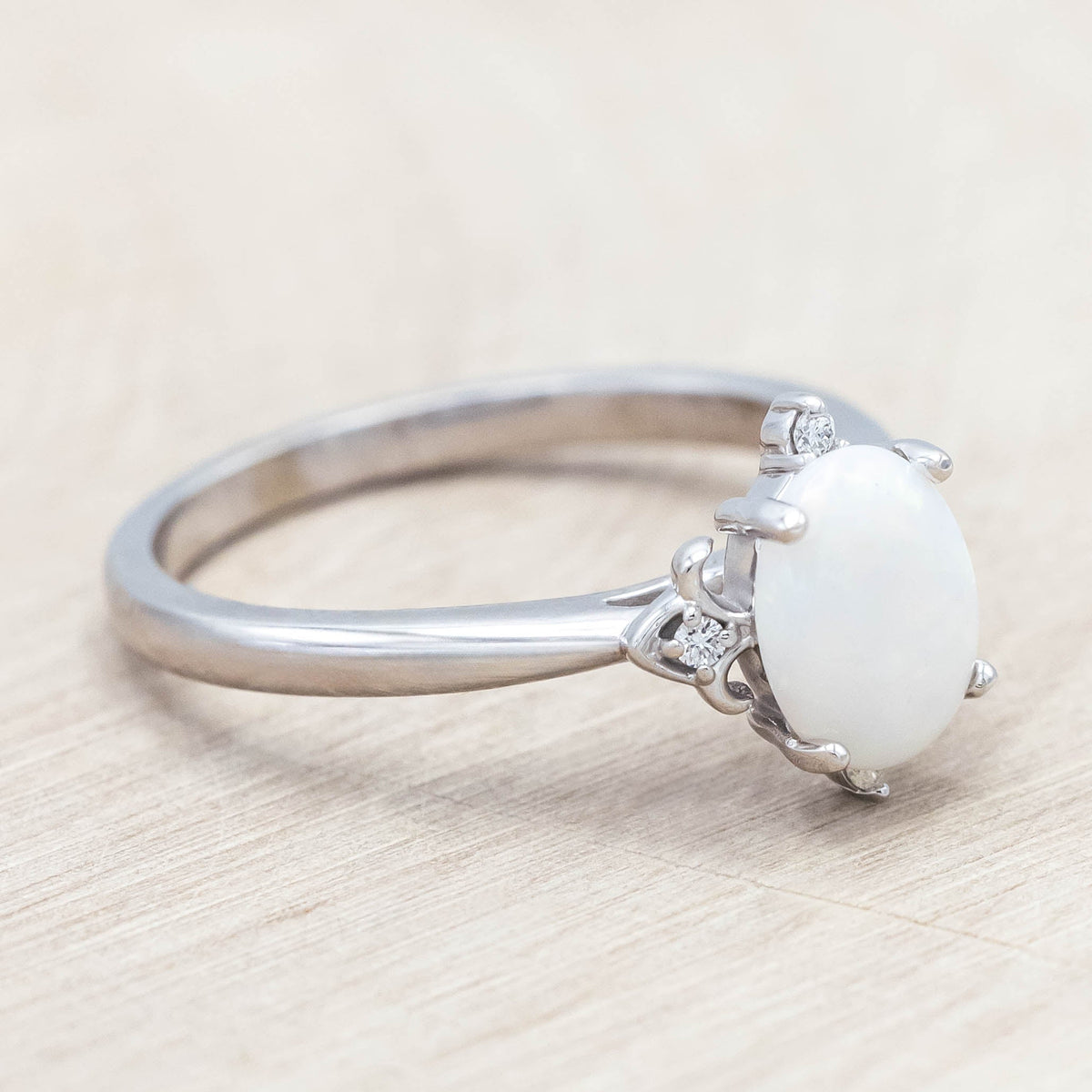 "Zella" - Oval Cabochon Cut White Opal Engagement Ring With Diamond Accents