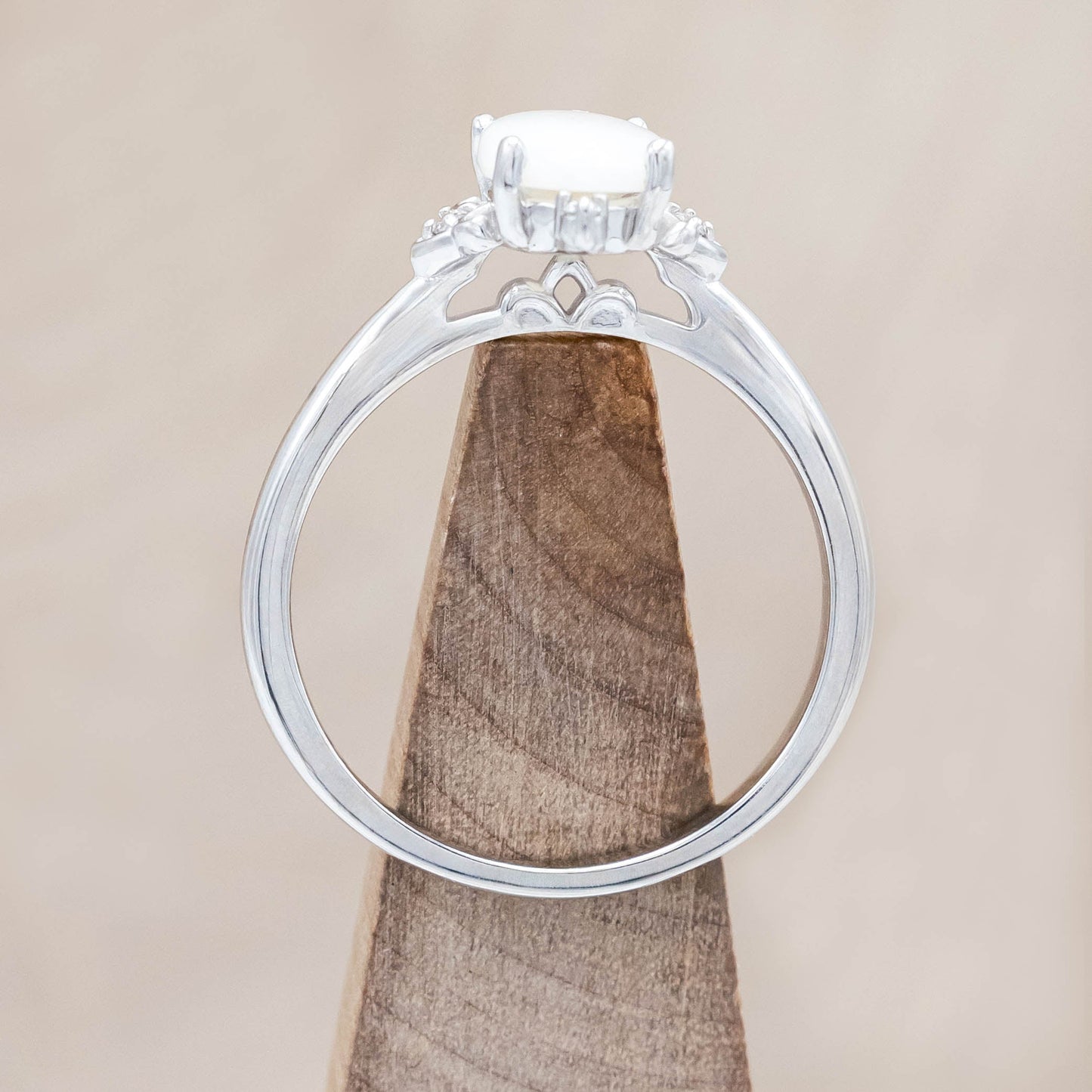 "Zella" - Oval Cabochon Cut White Opal Engagement Ring With Diamond Accents