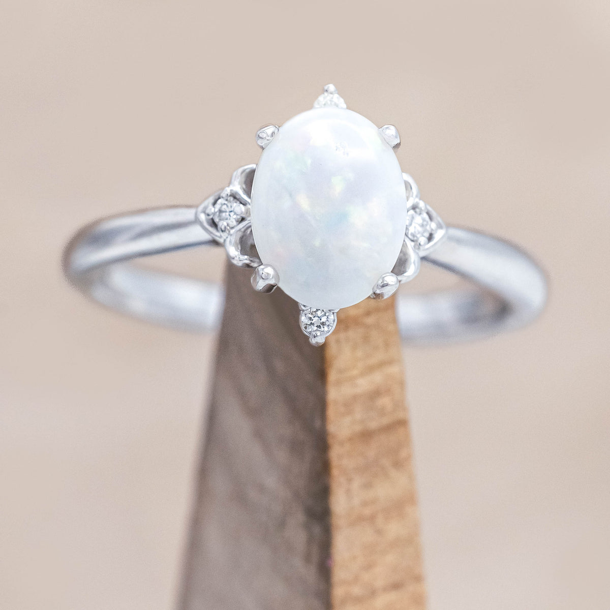 "Zella" - Oval Cabochon Cut White Opal Engagement Ring With Diamond Accents